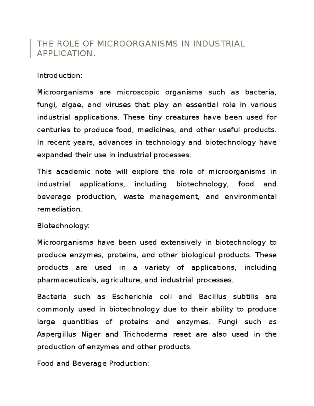 The role of in industrial application THE ROLE OF