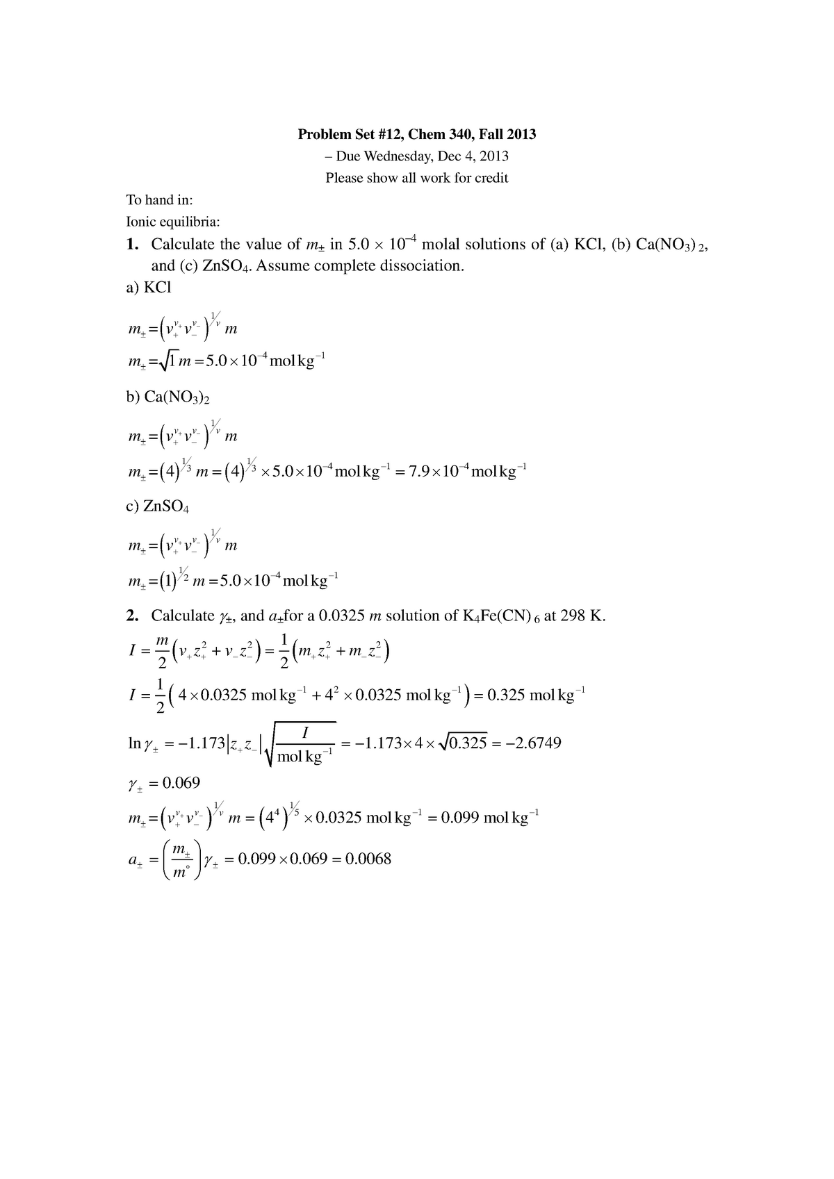 Solutions Set12 - Manual - Problem Set #12, Chem 340, Fall 2013 – Due 