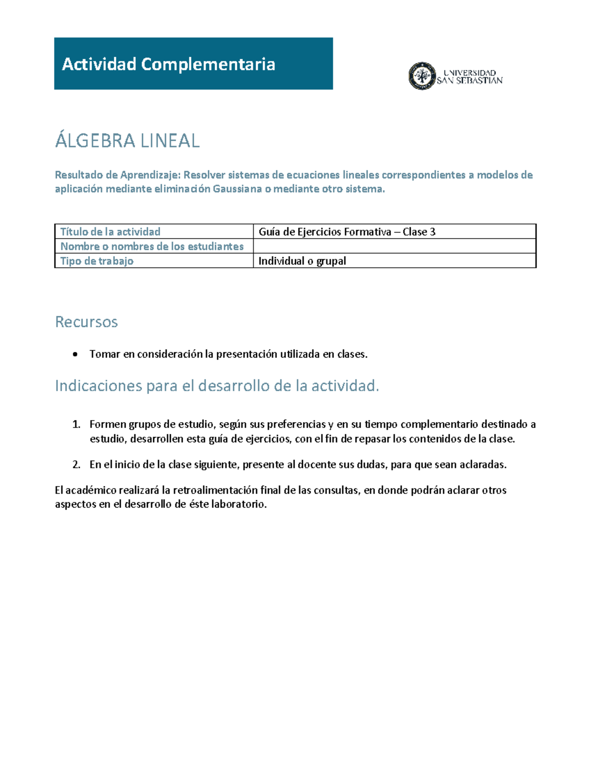 GUIA DE Ejercicios - 1 Actividad Complementaria ÁLGEBRA LINEAL ...