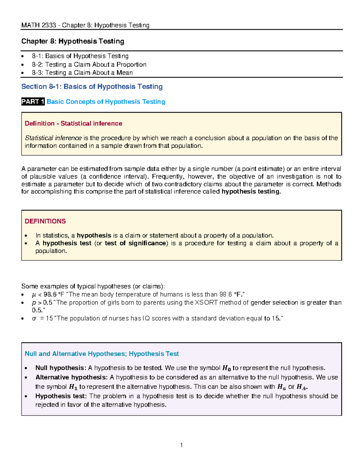 Math2333 Chapter 8 - Empty Class Lecture Note - Chapter 8: Hypothesis ...