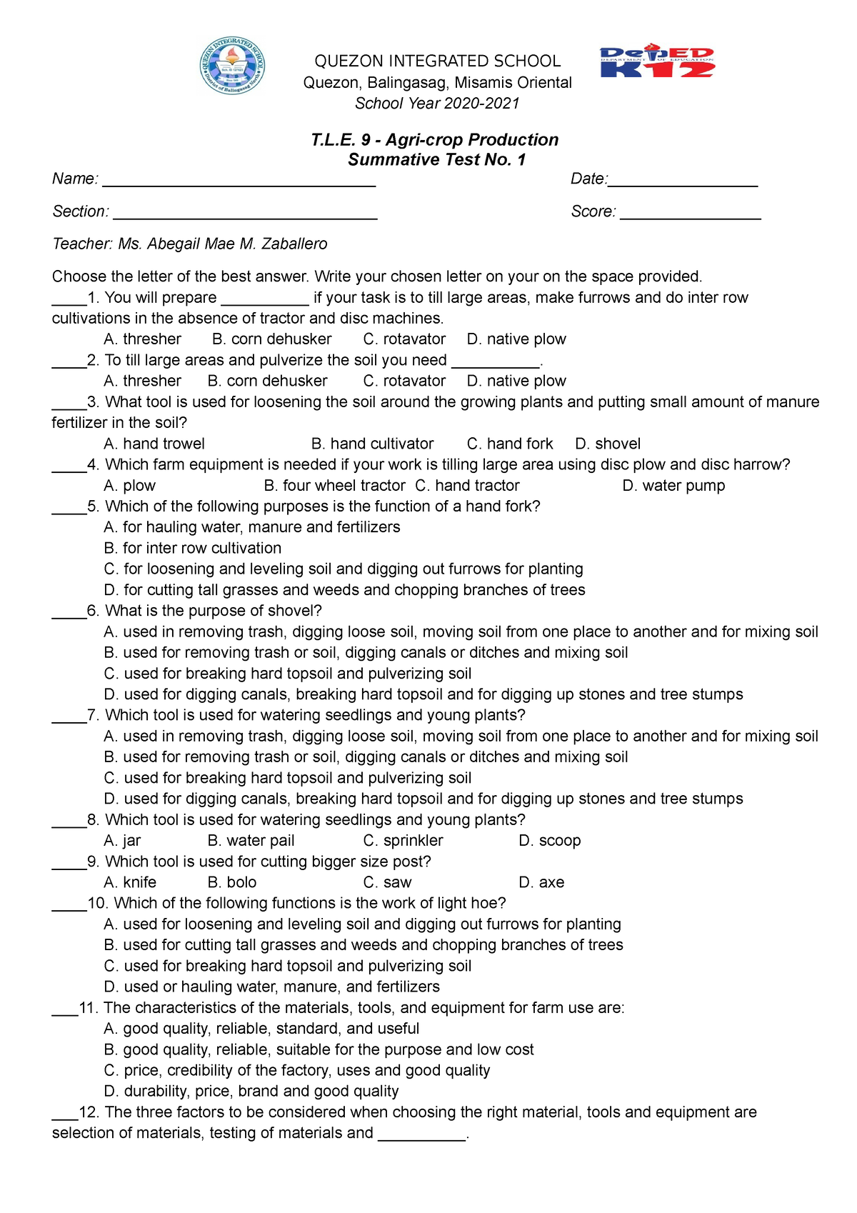 T.L.E 9-AGRI-CROP - Summative - QUEZON INTEGRATED SCHOOL Quezon ...