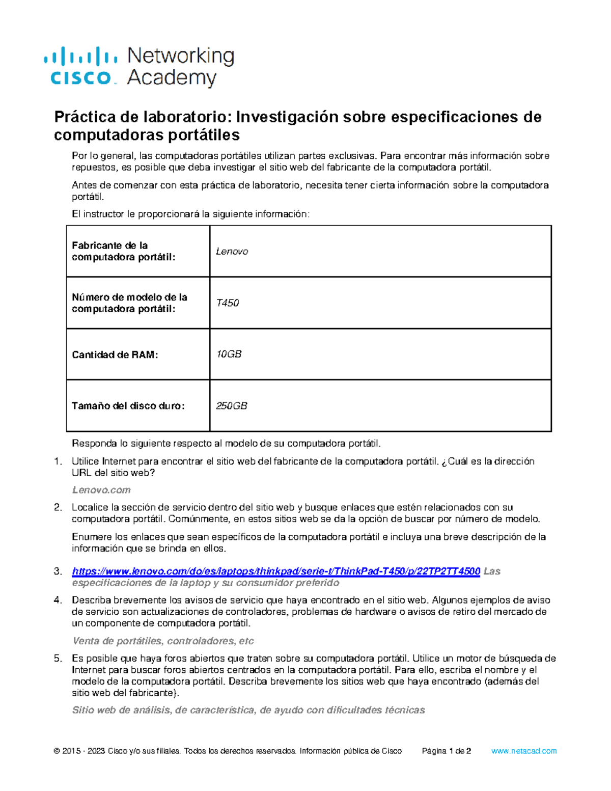7.7.2.4 Lab - Research Laptop Specifications - © 2015 - 2023 Cisco y/o ...