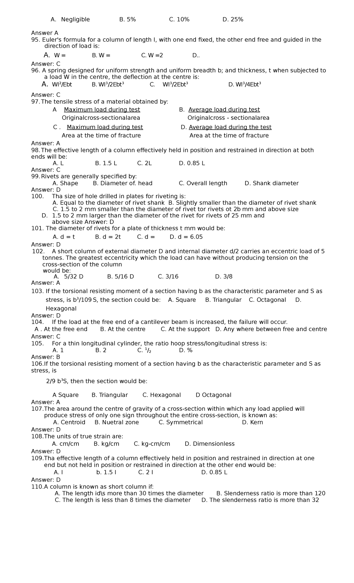 Mechanical Engineering Reviewer - Practice Test - A. Negligible B. 5% C ...