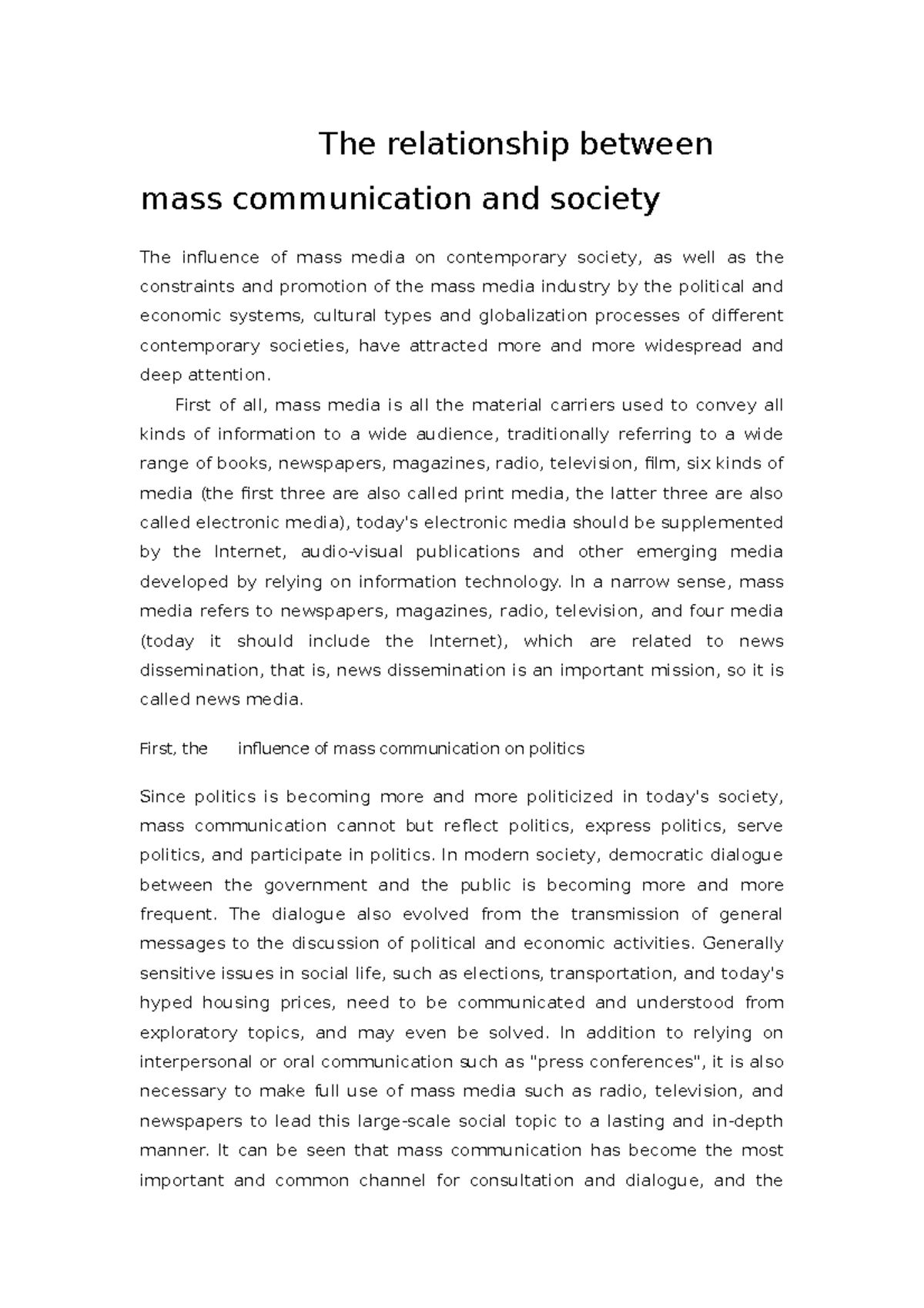 The relationship between mass communication and society The