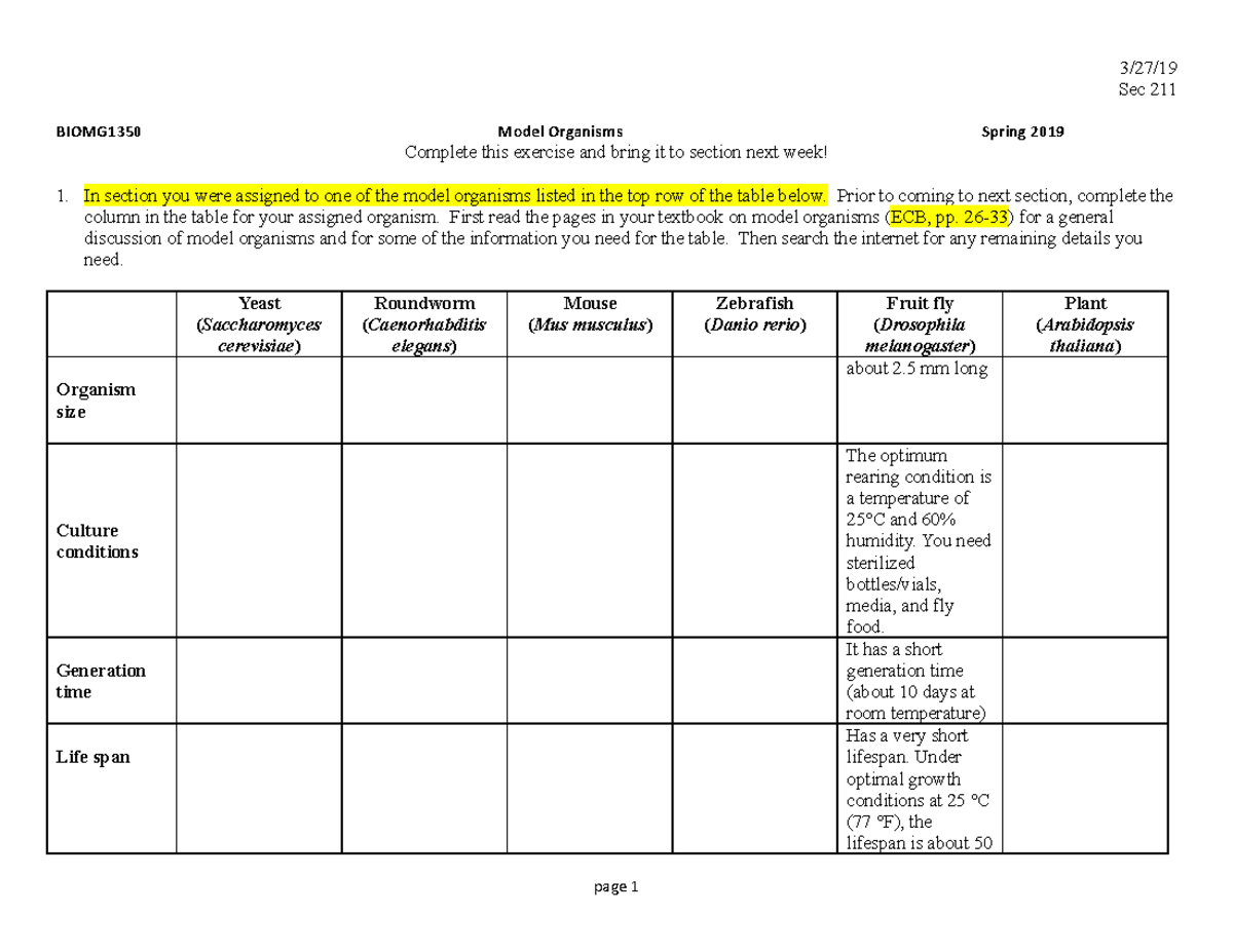 S8 Model Organisms HW S19 - Sec 211 BIOMG1350 Model Organisms Spring ...