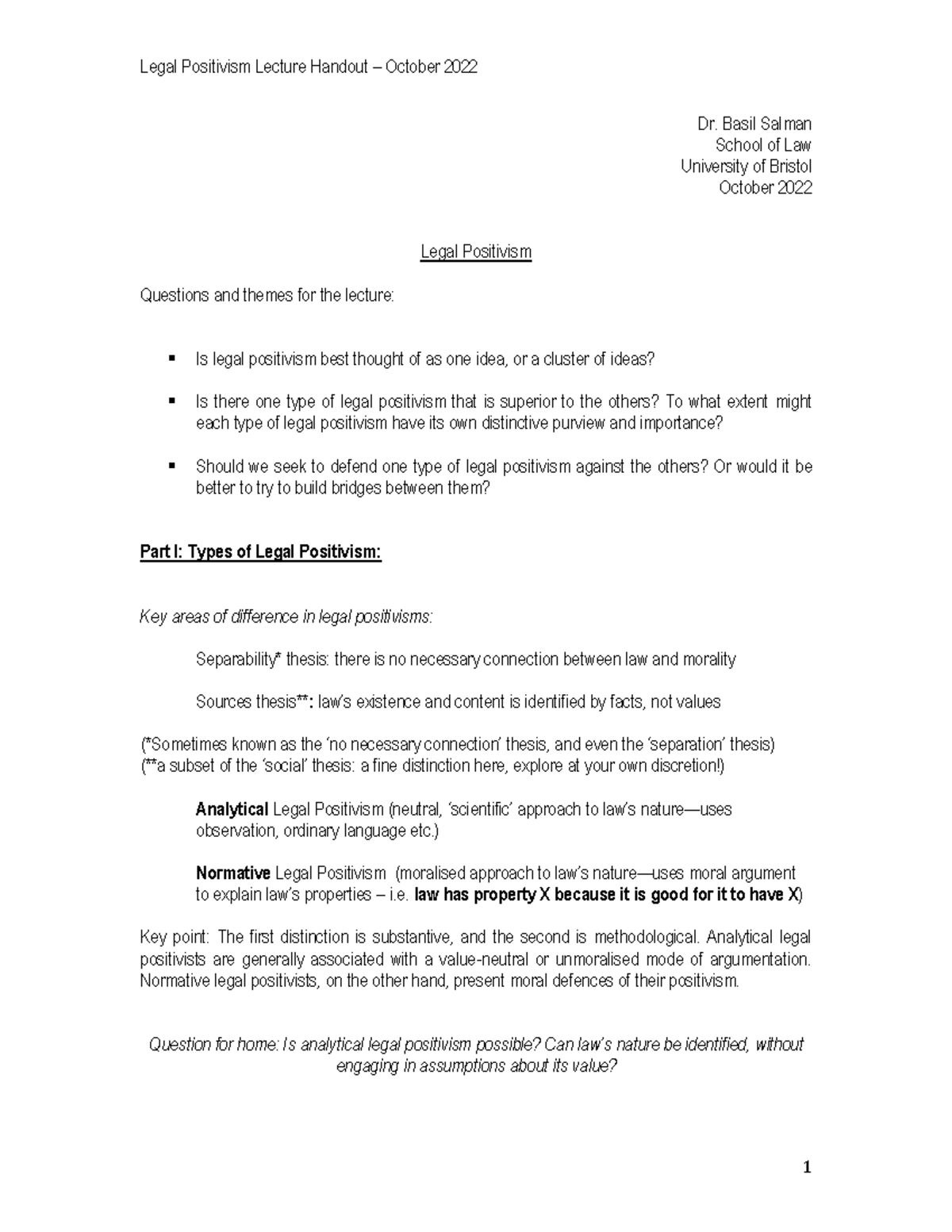 Legal Positivism Lecture Handout - Dr. Basil Salman School of Law ...