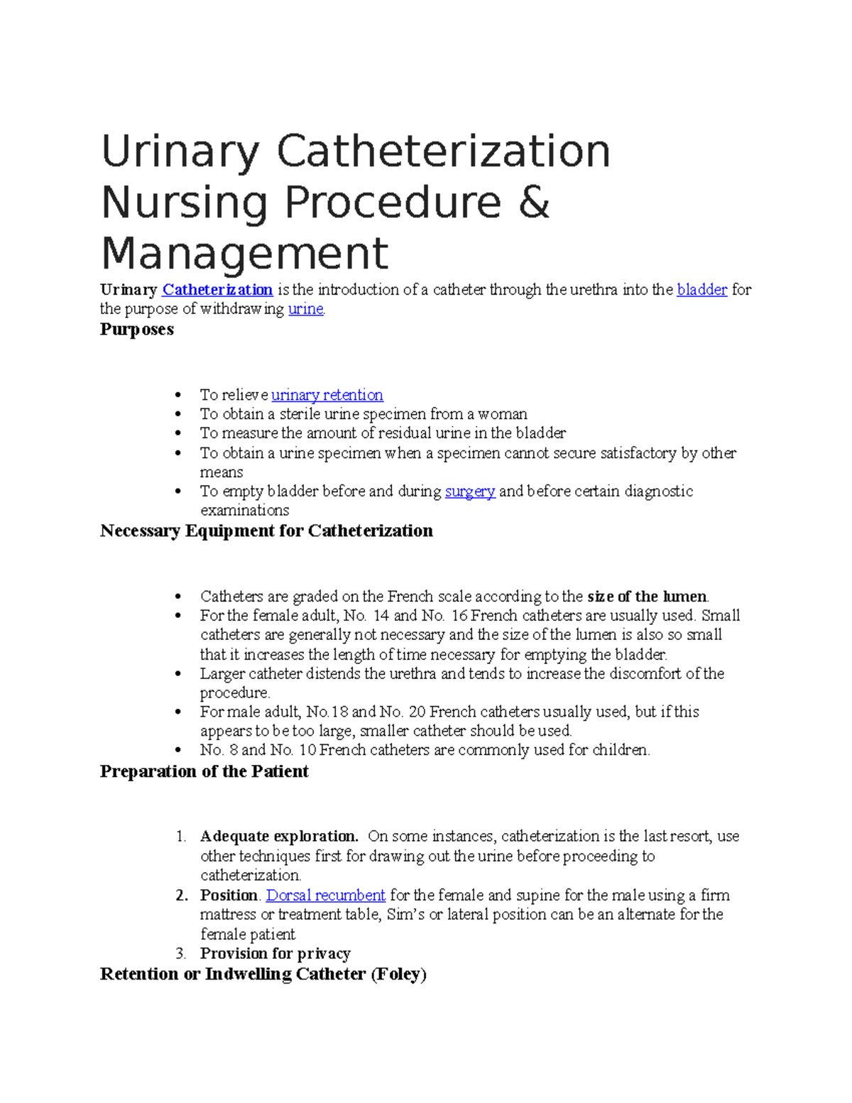 Urinary Catheterization Nursing Procedure Urinary Catheterization