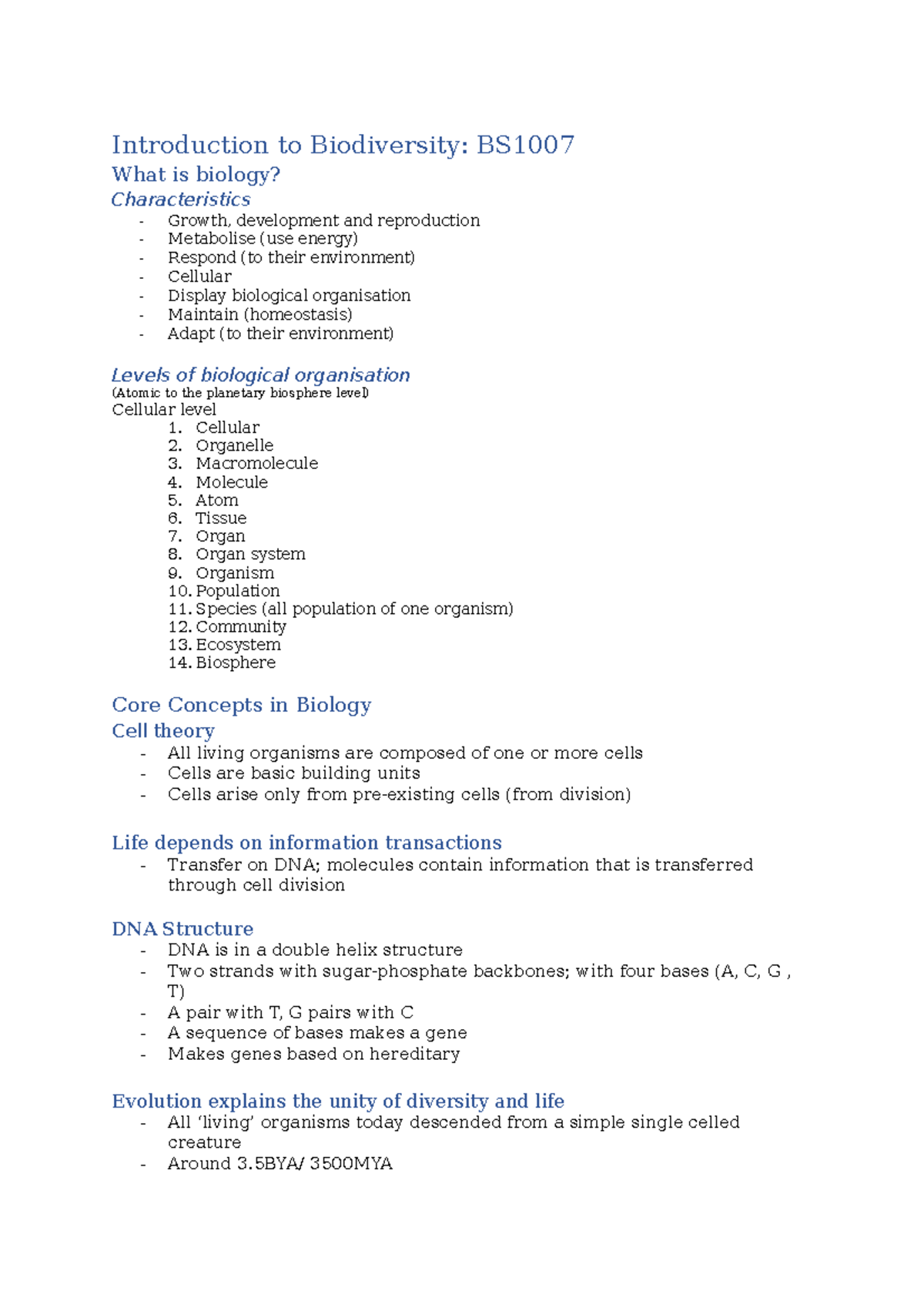 Introduction to Biodiversity Cellular 2. Organelle 3. Macromolecule 4