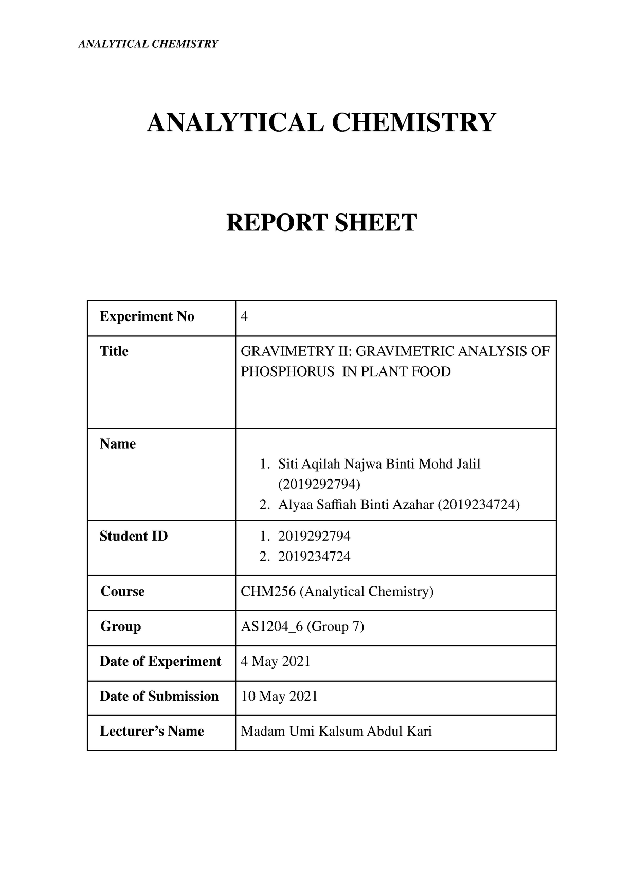 EXP 4 CHM256 Report Sheet Analytic Chemistry - ANALYTICAL CHEMISTRY ...