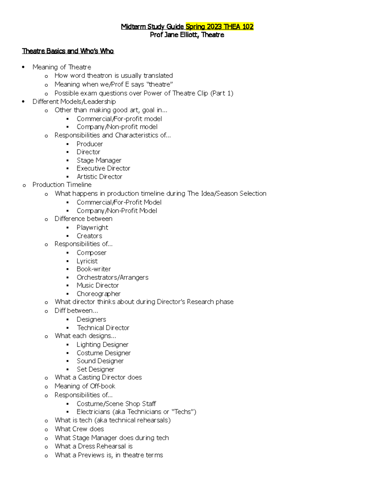 Study Guide THEA 102 Spring 2023 - Midterm Study Guide Spring 2023 THEA ...