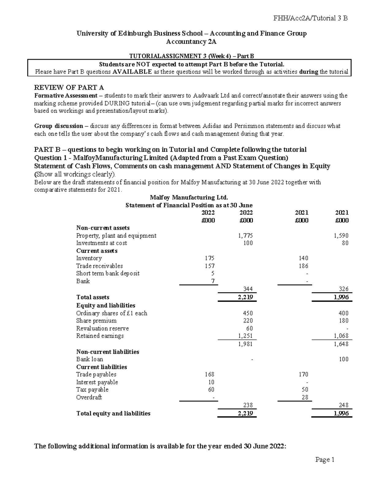 Acc2A Tutorial 3 Part B (Statement of Cash Flows) FHH/Acc2A/Tutorial
