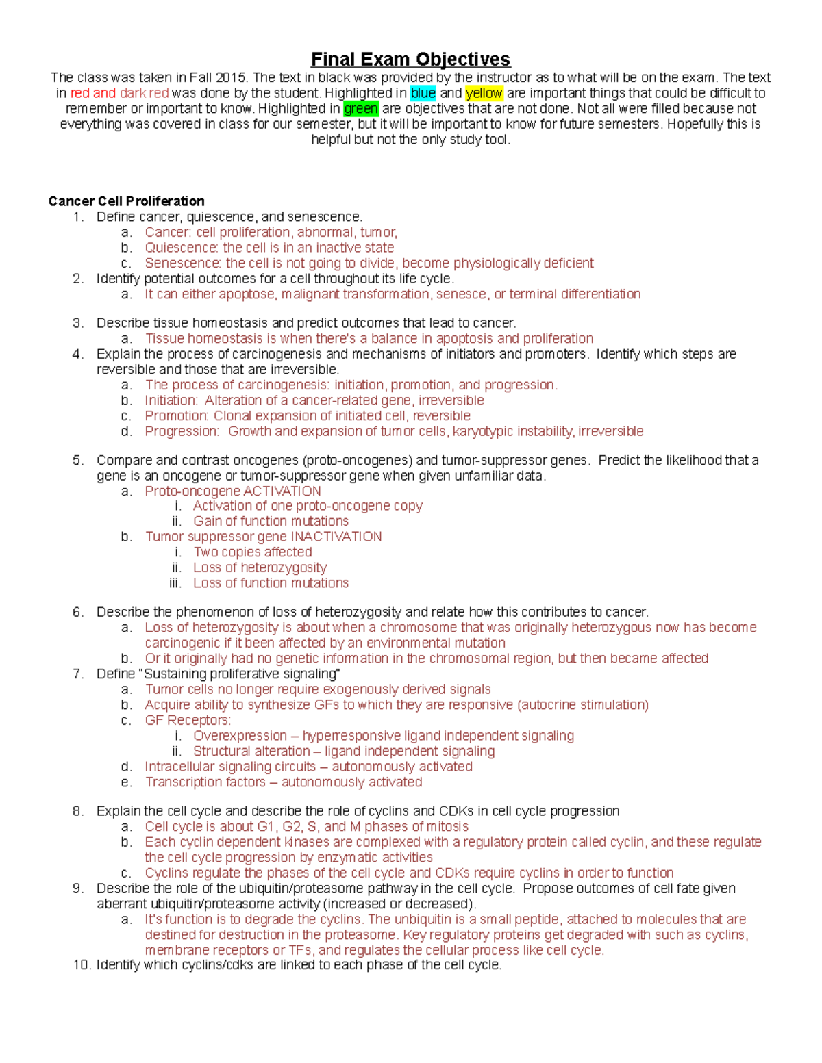 Lecture notes, lectures 10-15 - Final Exam Objectives The class was ...