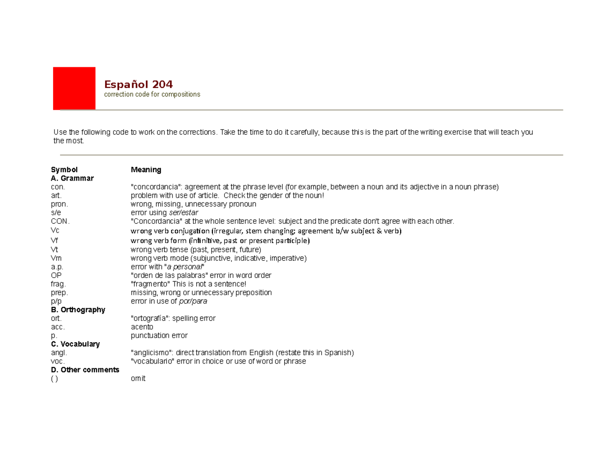 SPAN 204 Composition Correction Code Español 204 correction code for
