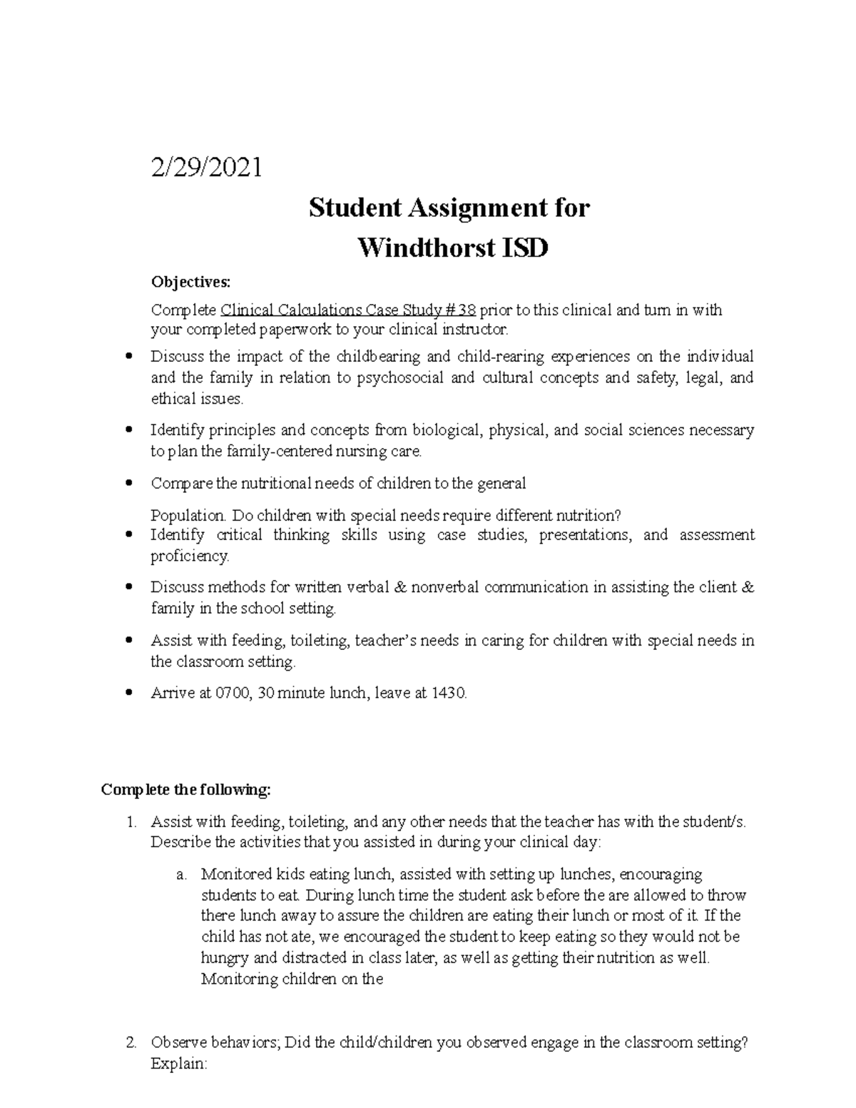 Windthorst Clinical 2/29/ Student Assignment for Windthorst ISD