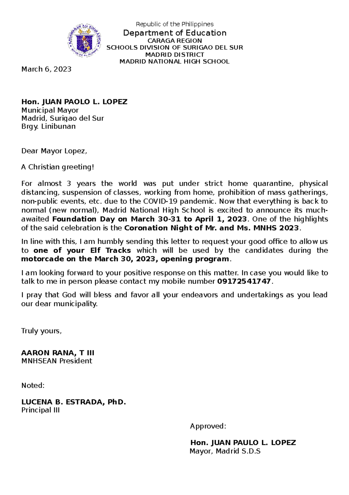 Letter to the Mayor - ACADEMIC - Republic of the Philippines Department ...