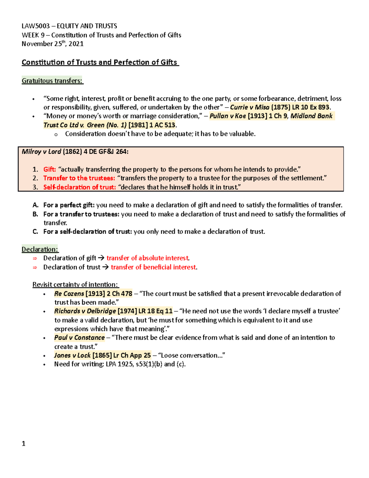 (ET)Week 9 - Constitution of Trusts and Perfection of Gifts - WEEK 9 ...