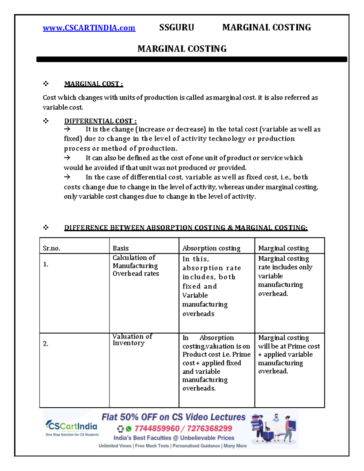 CS Exe CMA Marathon Notes 1 - MARGINAL COSTING MARGINAL COST : Cost ...