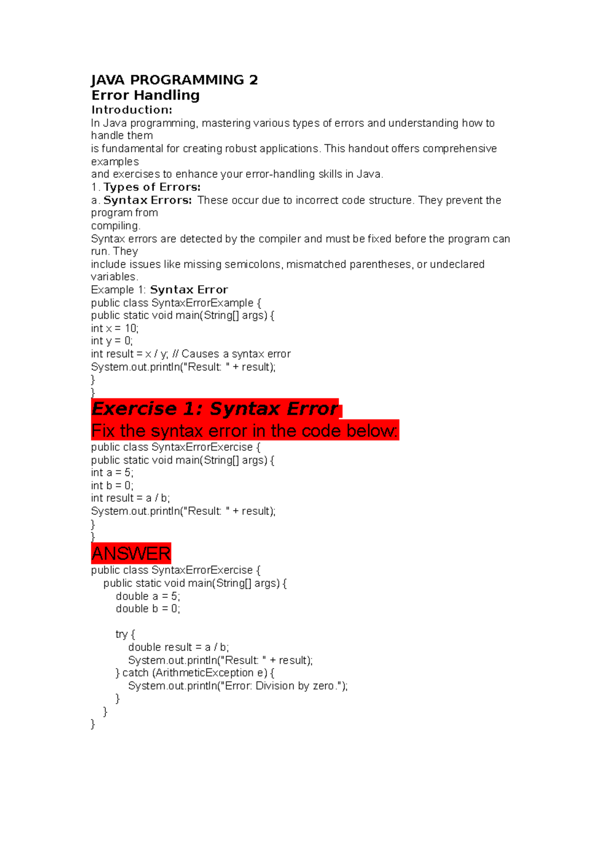 JAVA Programming 2 Excercises - JAVA PROGRAMMING 2 Error Handling ... image.