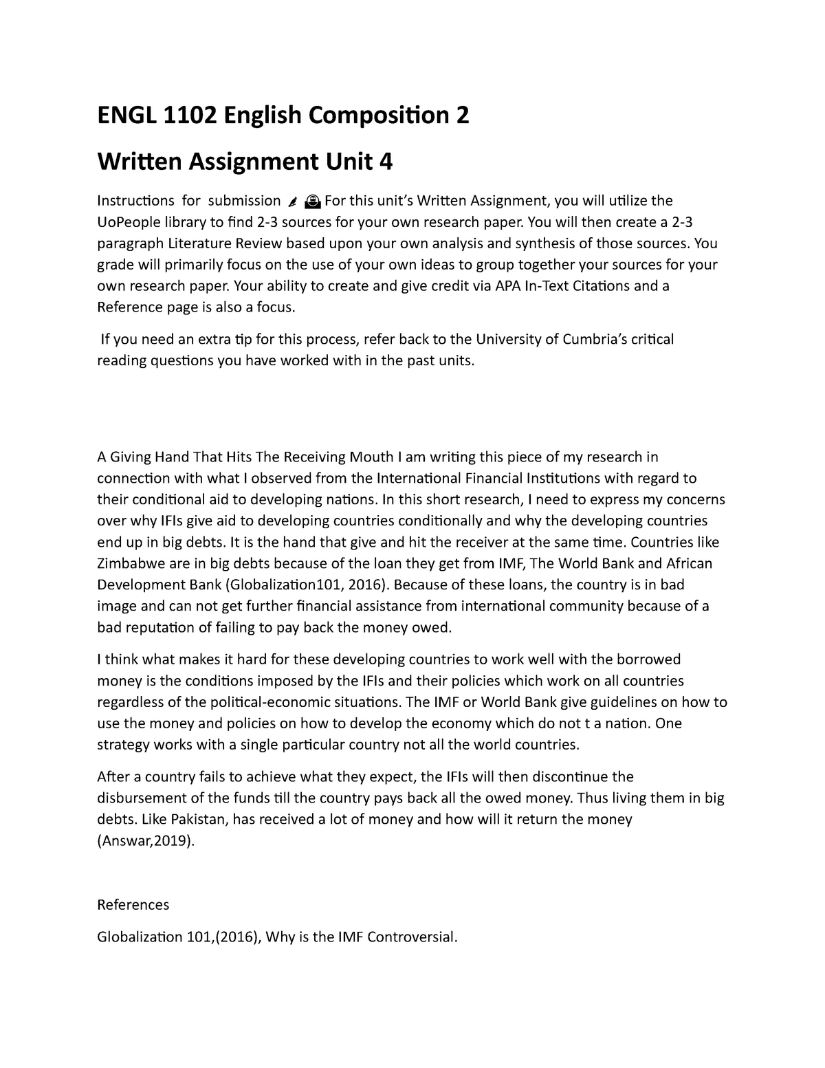 Document English Composition 2 ENGL 1102 UNIT 4 DISCUSSION ASSIGNMENT