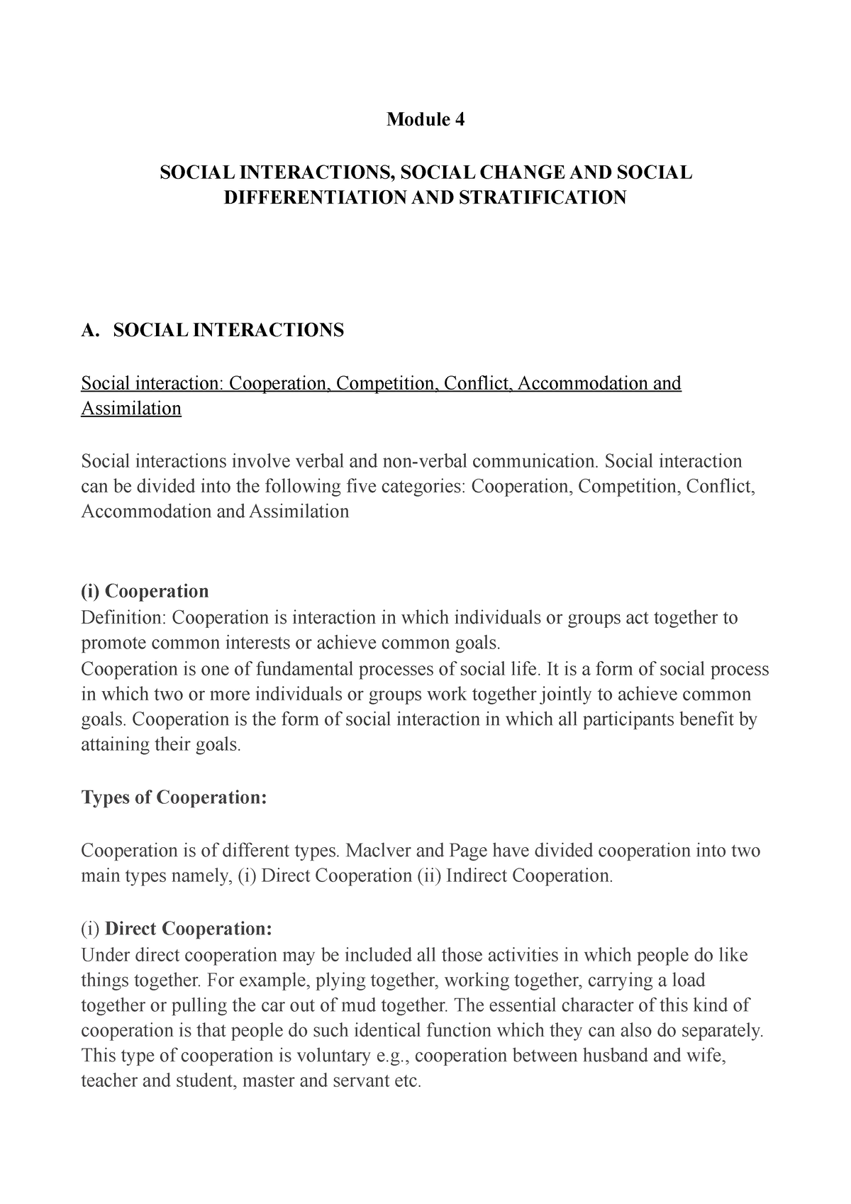 Notes Sociology Module 4 - Module 4 SOCIAL INTERACTIONS, SOCIAL CHANGE ...