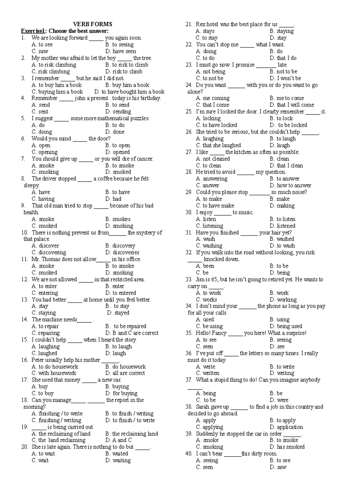 VERB Forms TRAC Nghiem - VERB FORMS Exercise1: Choose the best answer ...