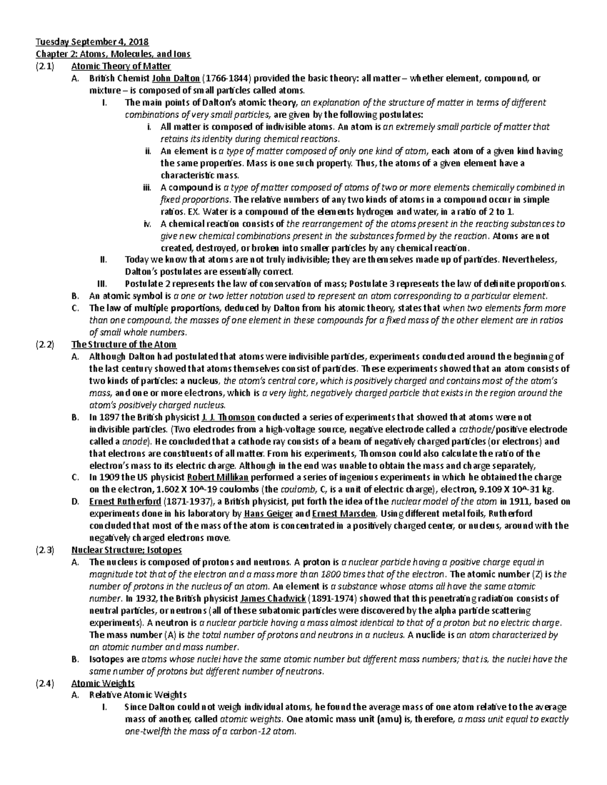 Chem Chapter 2 Notes - Tuesday September 4, 2018 Chapter 2: Atoms ...