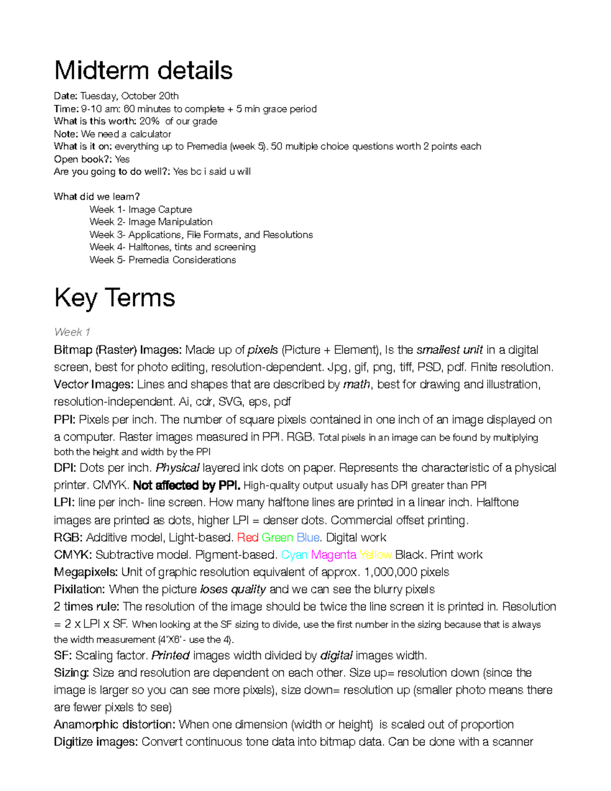 GCM 111 Midterm notes - Midterm details Date: Tuesday, October 20th ...