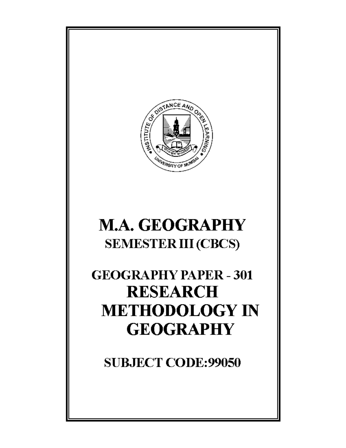 Paper 301 Research Methodology in Geography Englsih Version M