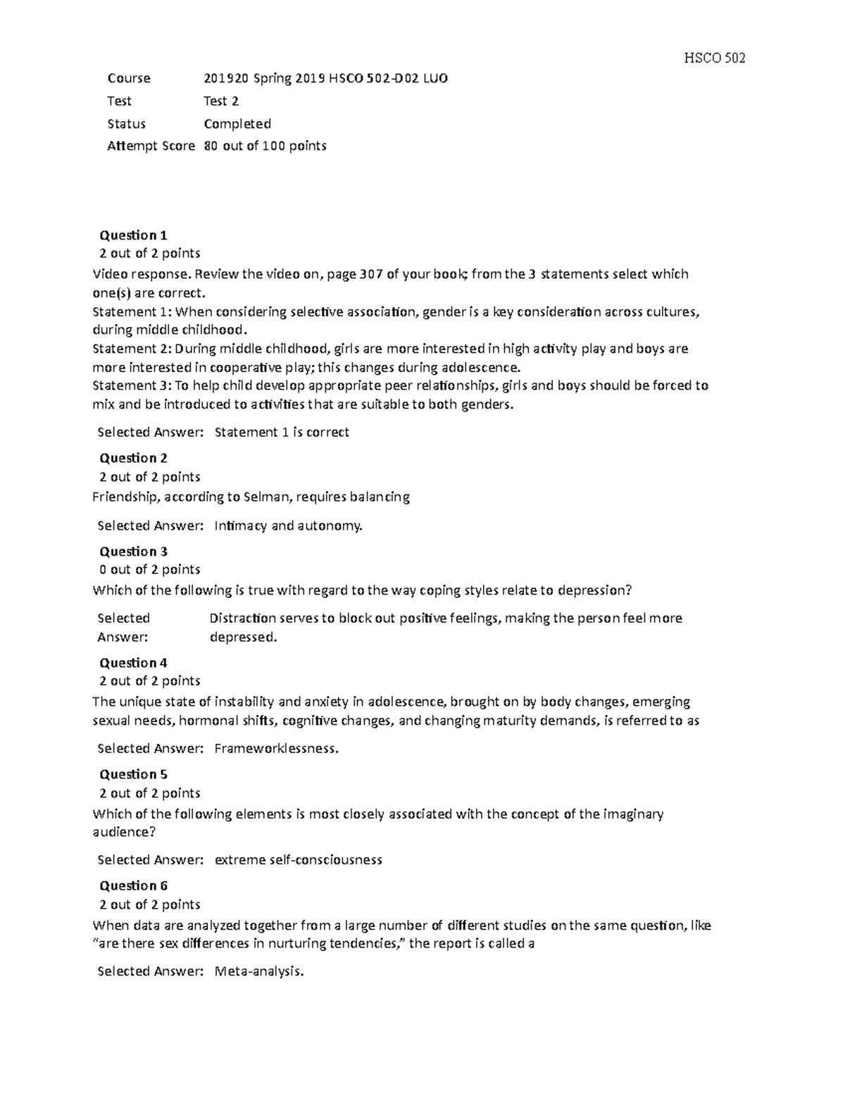 Test 2 HSCO 502 - Test 2 HSCO 502 - Course 201920 Spring 2019 HSCO 502 ...