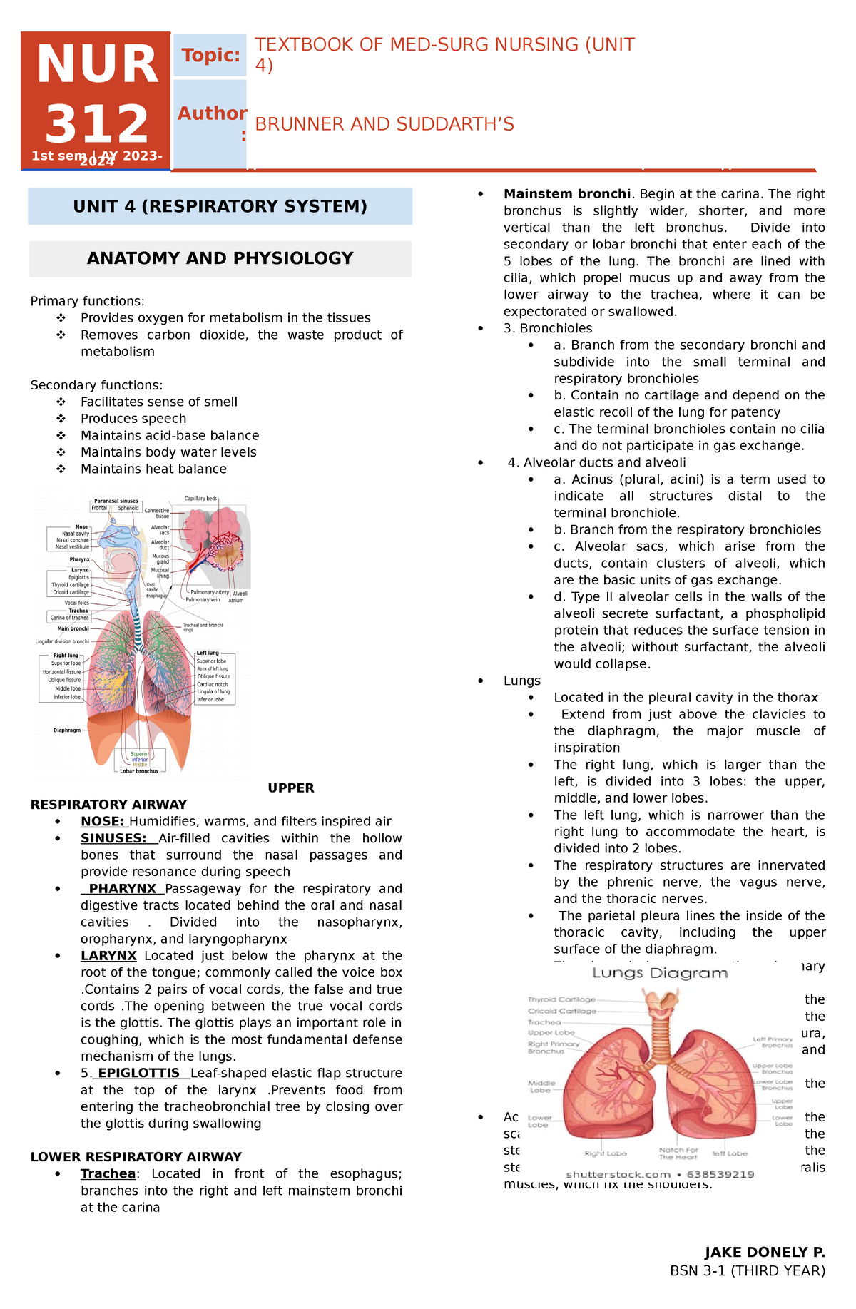 Padua UNIT 4 ( Respiratory System) - NUR 312 1st sem | AY 2023- 2024 ...