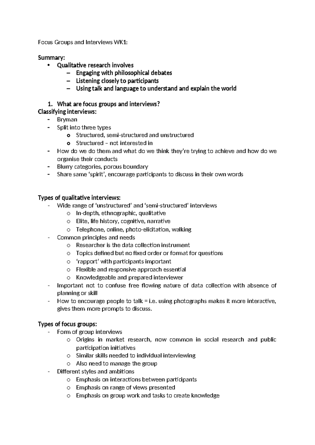 Lecture 1 Notes - Focus Groups and Interviews WK1: Summary ...