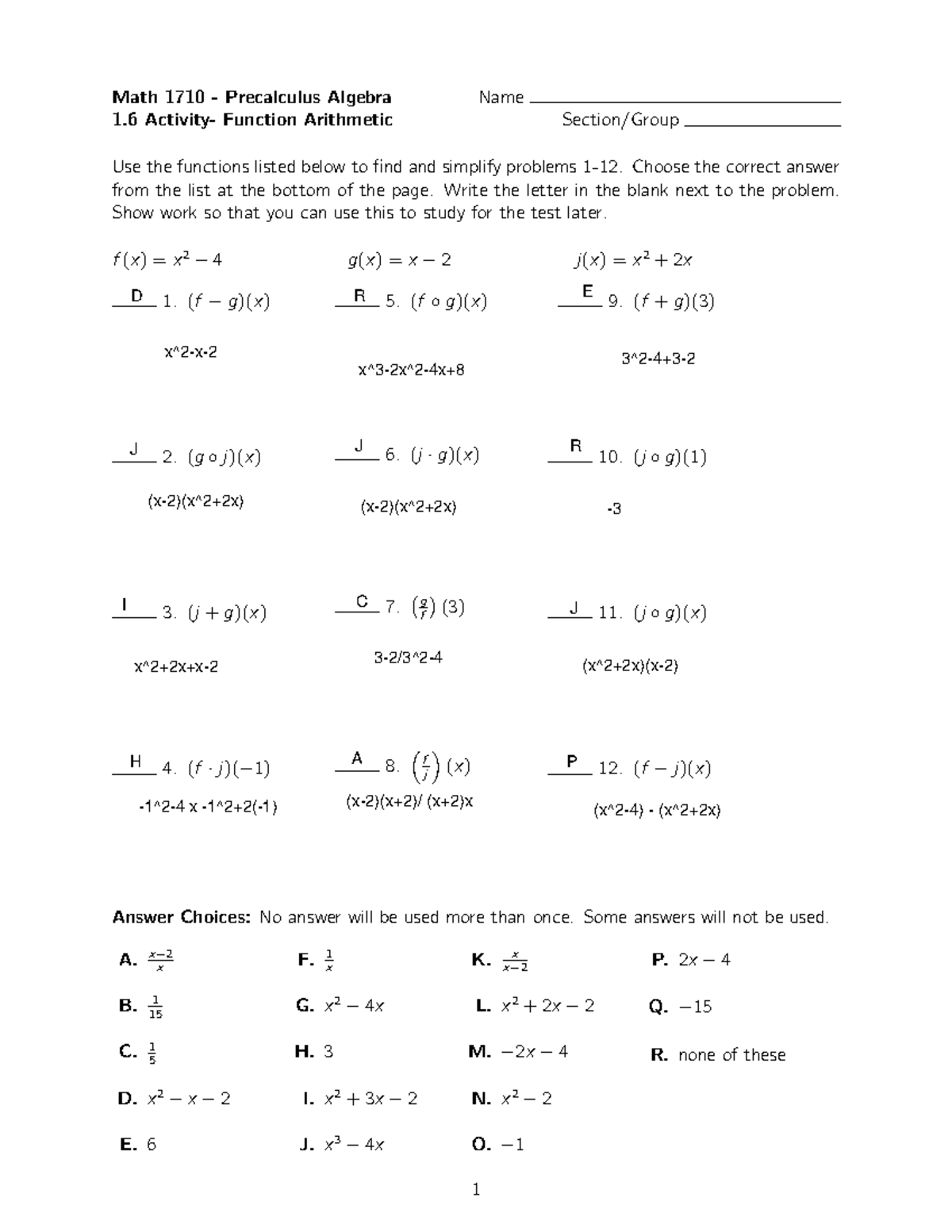 1.6 Function Arithmetic - Choose the correct answer from the list at ...