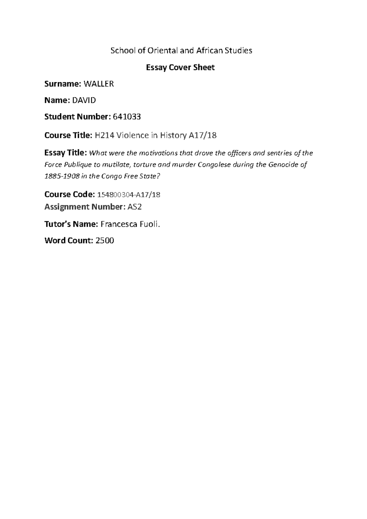 The Congo Genocide School of Oriental and African Studies Essay Cover Sheet Surname WALLER