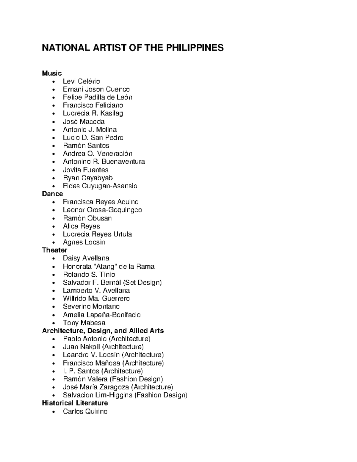 ARTS GAMABA, Atists, Artisans, and National Artists of the