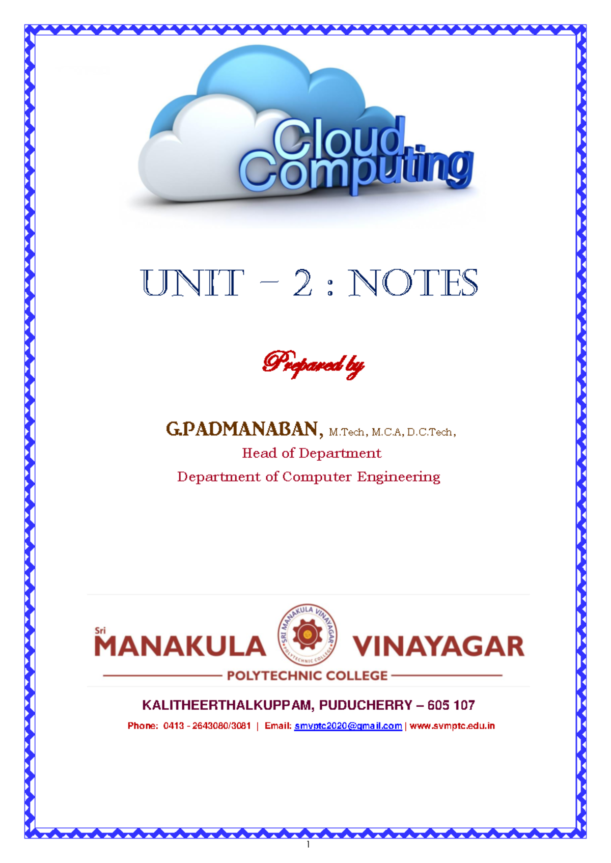 CC Notes UNIT-2022 - 1 Unit – 2 : Notes Prepared by G, M, M.C, D.C ...