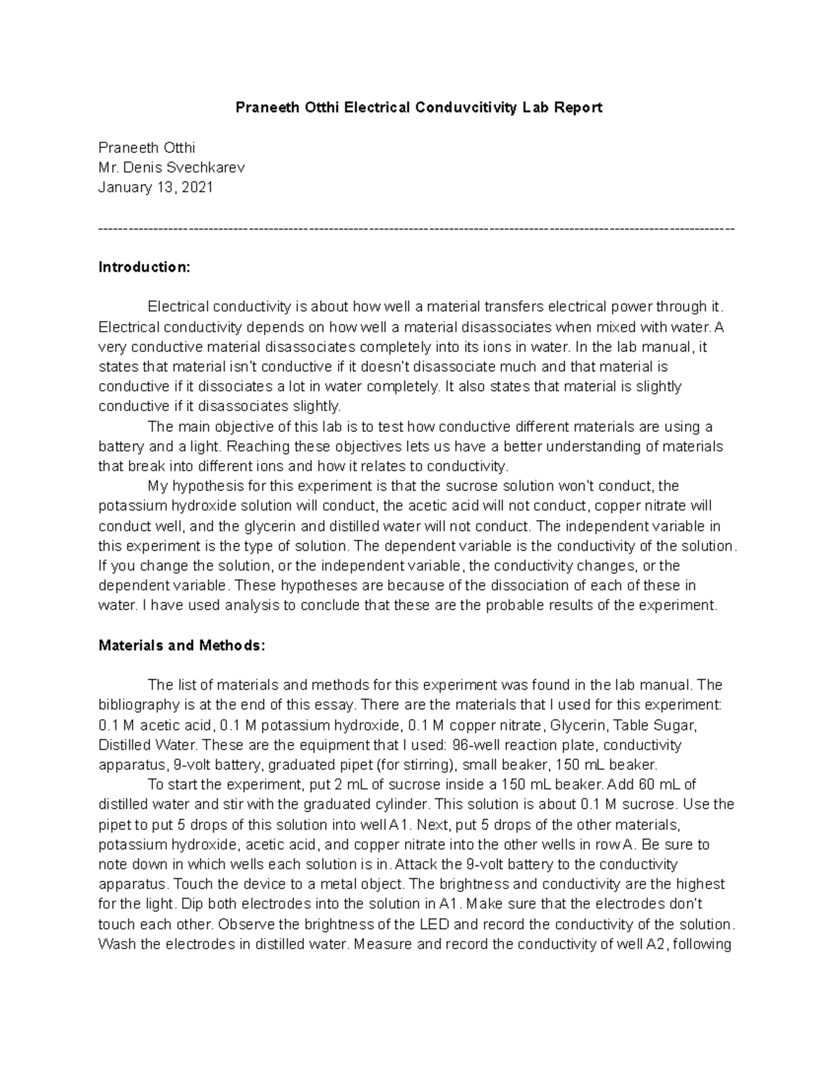 Electricity Conductivity Report Praneeth Otthi Electrical Conduvcitivity Lab Report Praneeth