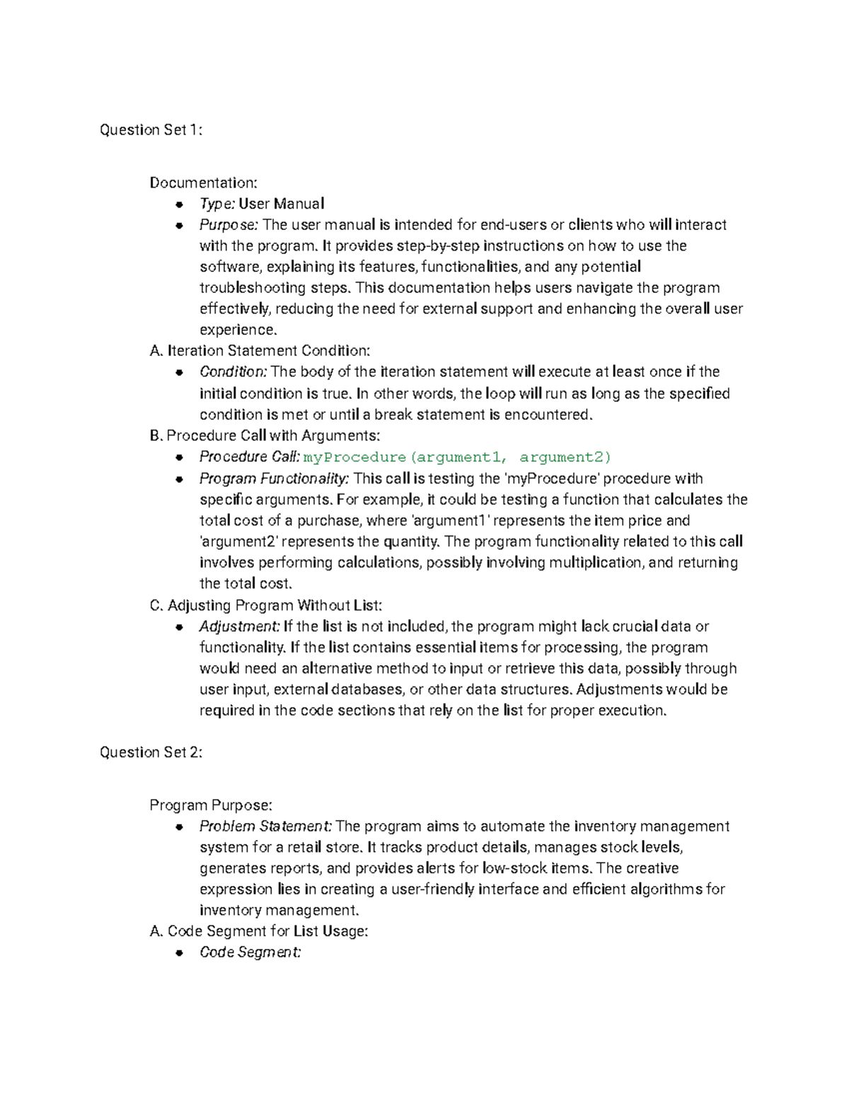 Comp sci questions - dadadadadadadad - Question Set 1: Documentation ...