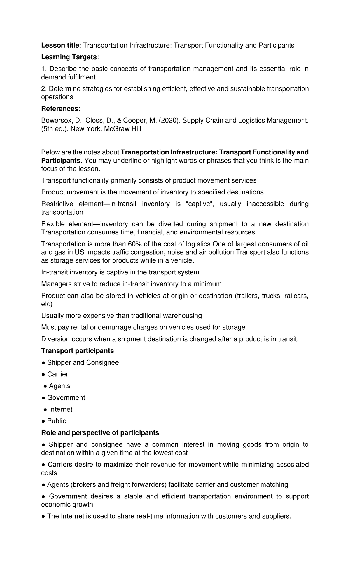 Transportation Infrastructure Transport Functionality and Participants ...