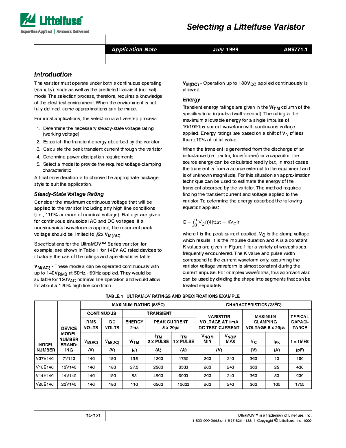 Littelfuse Selecting a Littelfuse Varistor Application Note 10