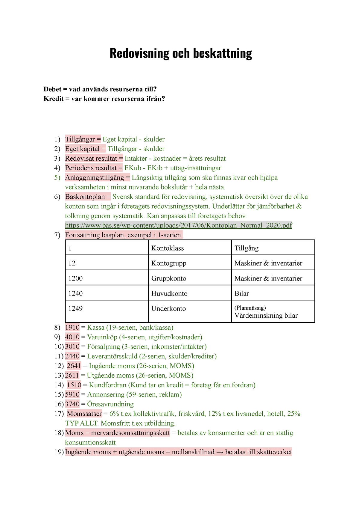 Ro B - Anteckningar - Redovisning Och Beskattning Debet = Vad Används ...