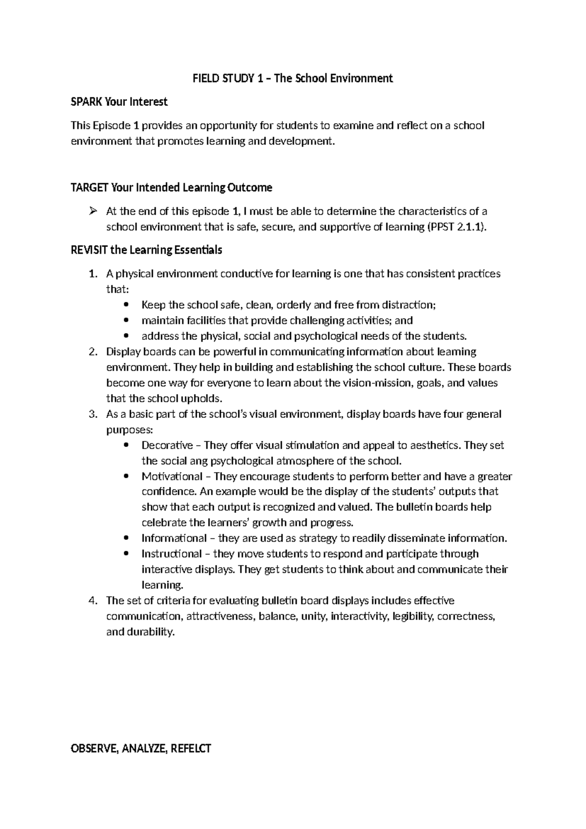 Field- Study-1 - FIELD STUDY 1 – The School Environment SPARK Your ...