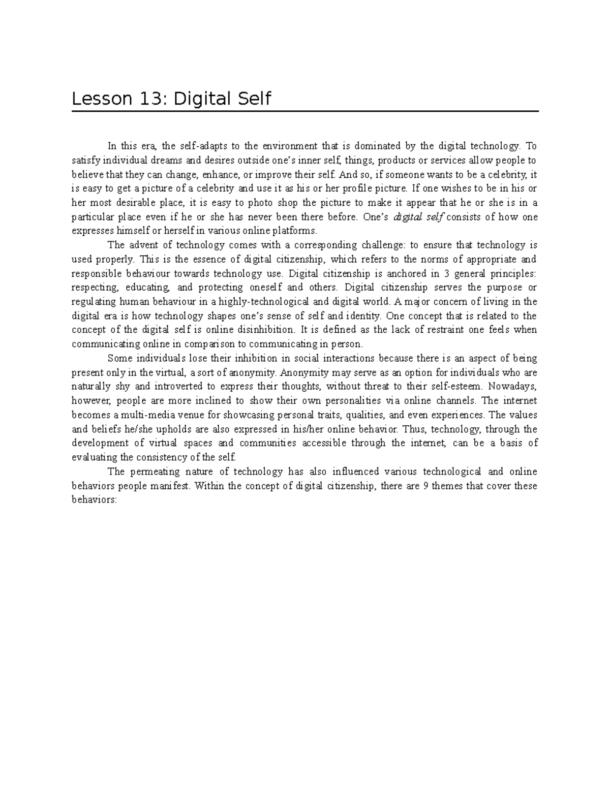 GEd 101 Understanding the Self Lesson 13 Lesson 13 Digital Self In