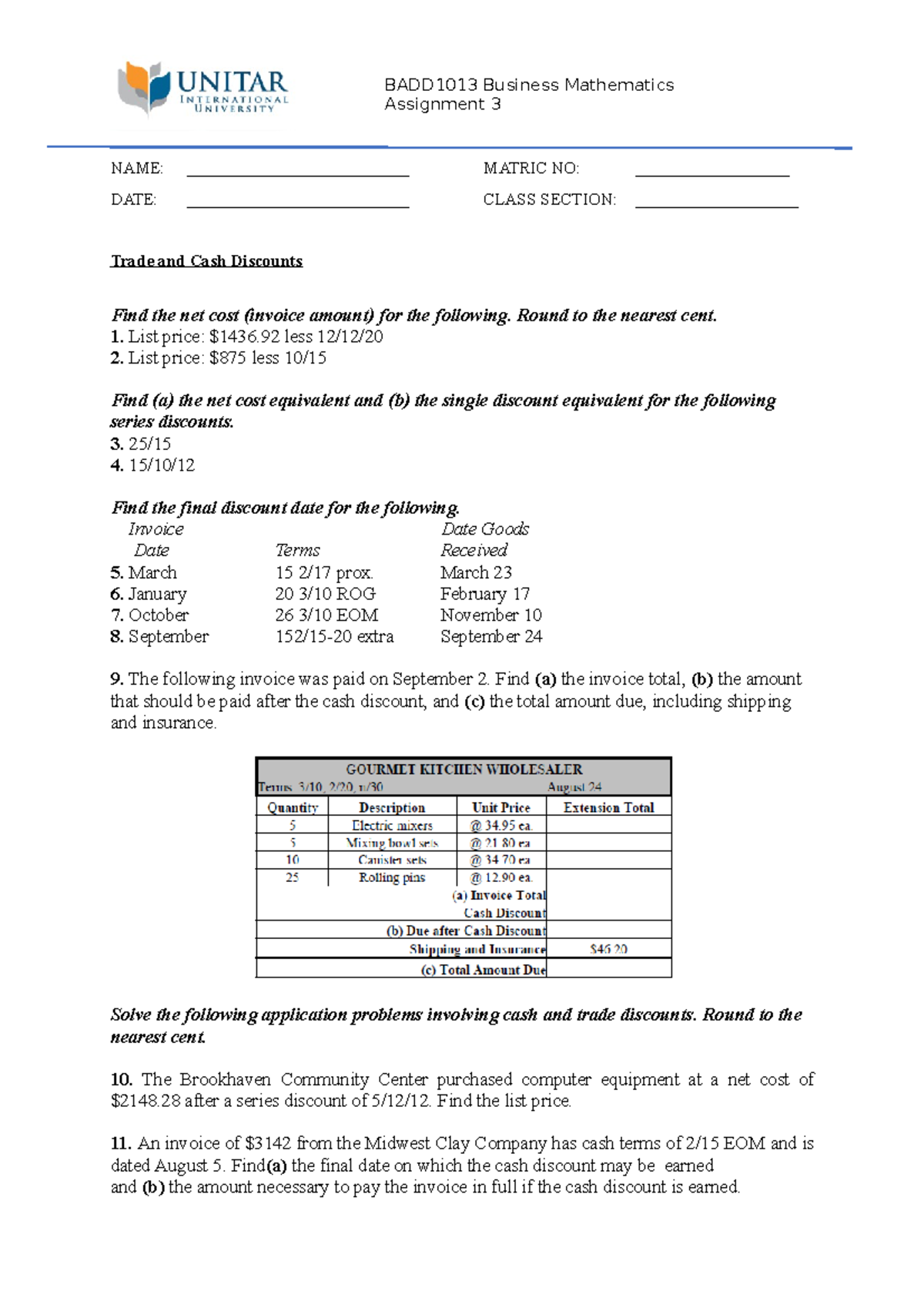 BADD1013 Assignment 3 - BADD1013 Business Mathematics Assignment 3 NAME