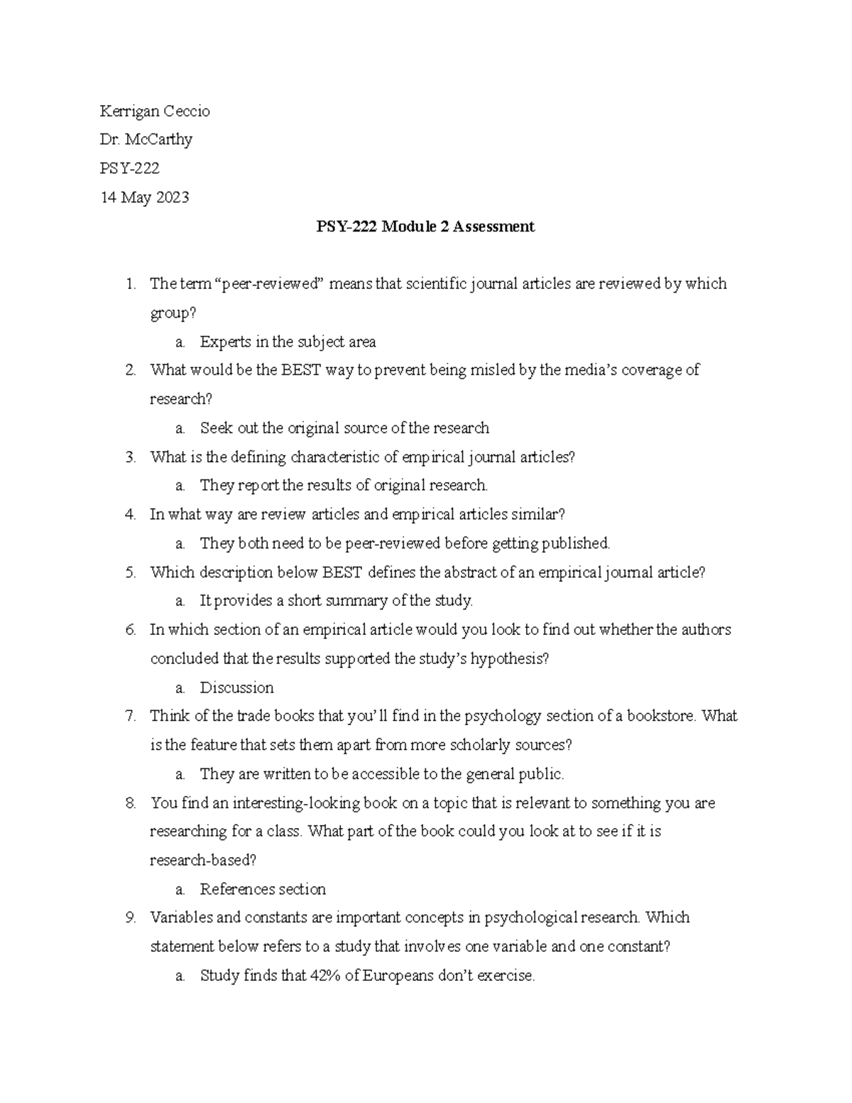 PSY-222 Module 2 Assessment - Kerrigan Ceccio Dr. McCarthy PSY- 14 May