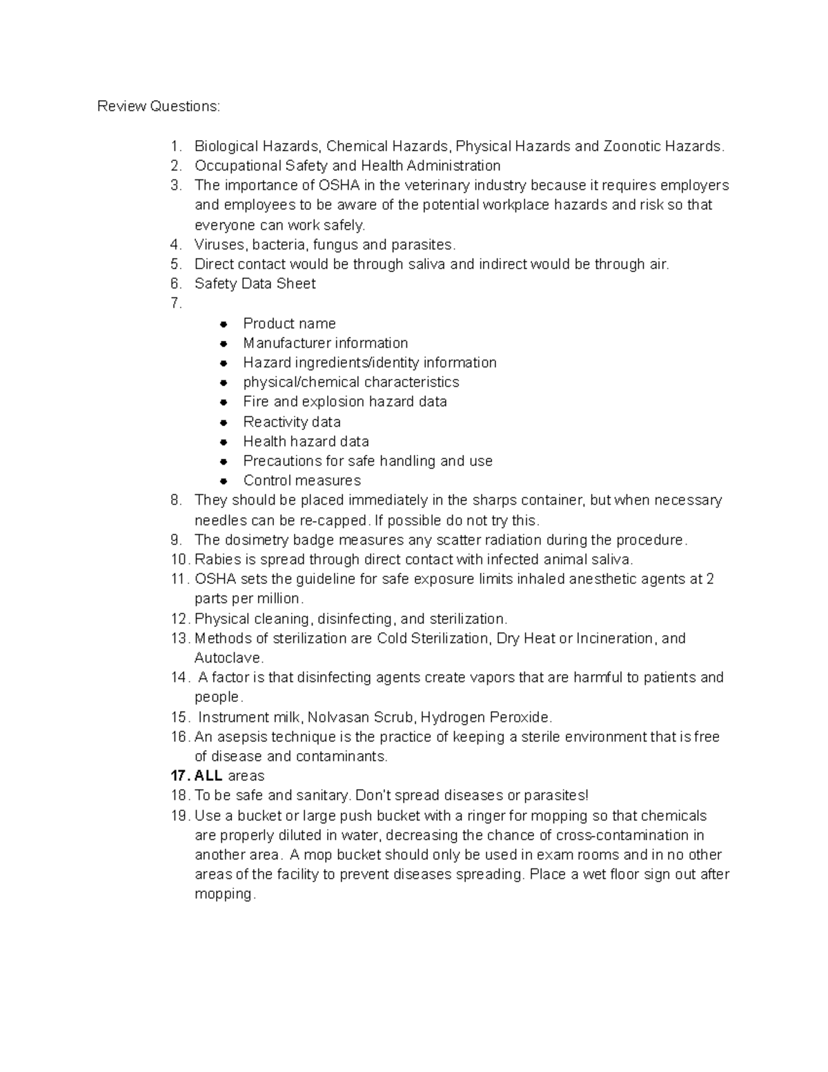 Review over veterinary and animal safety Review Questions