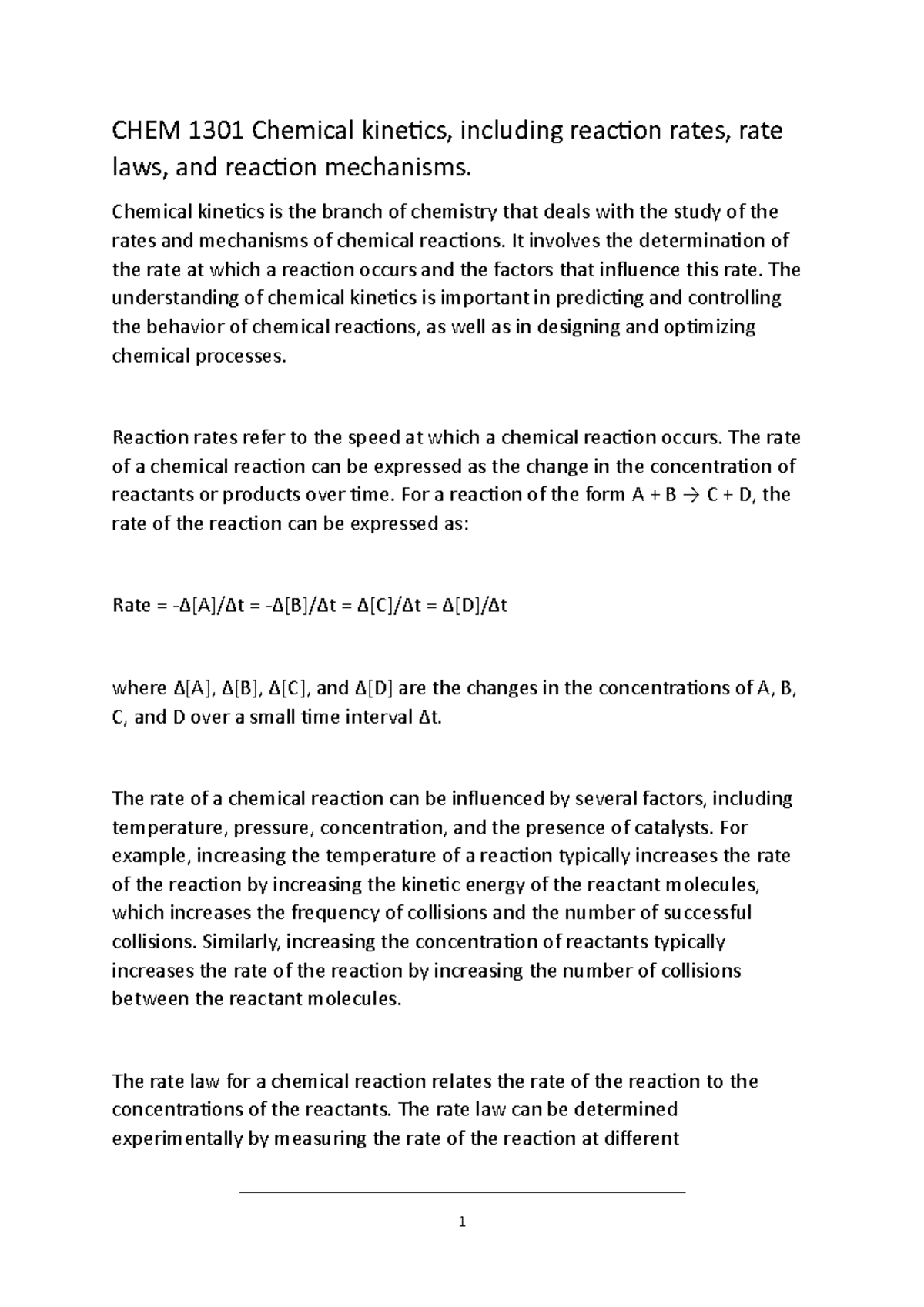 CHEM 1301 Chemical Kinetics - CHEM 1301 Chemical Kinetics, Including ...