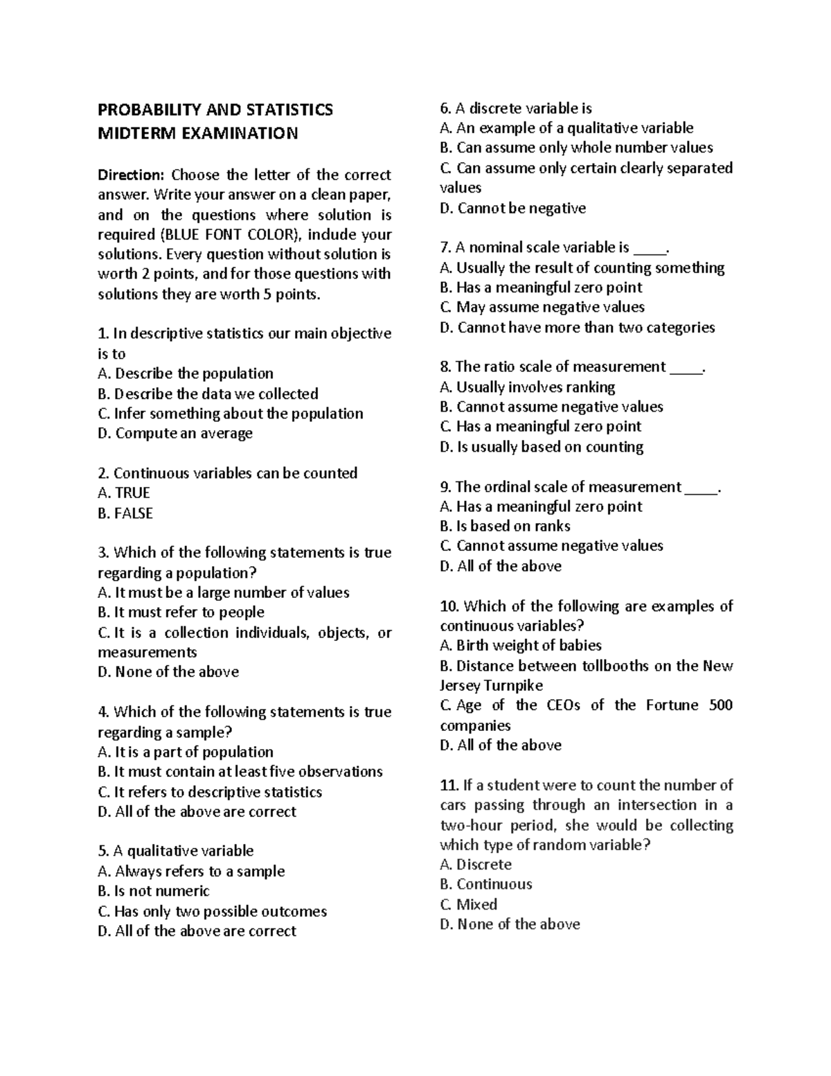 Probability AND Statistics - PROBABILITY AND STATISTICS MIDTERM ...
