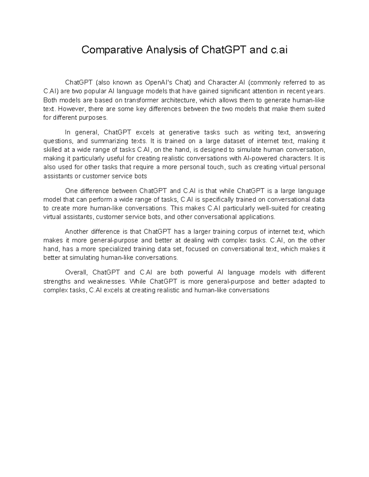 Chat GPT vs. c.ai - Comparative Analysis of ChatGPT and c ChatGPT (also ...