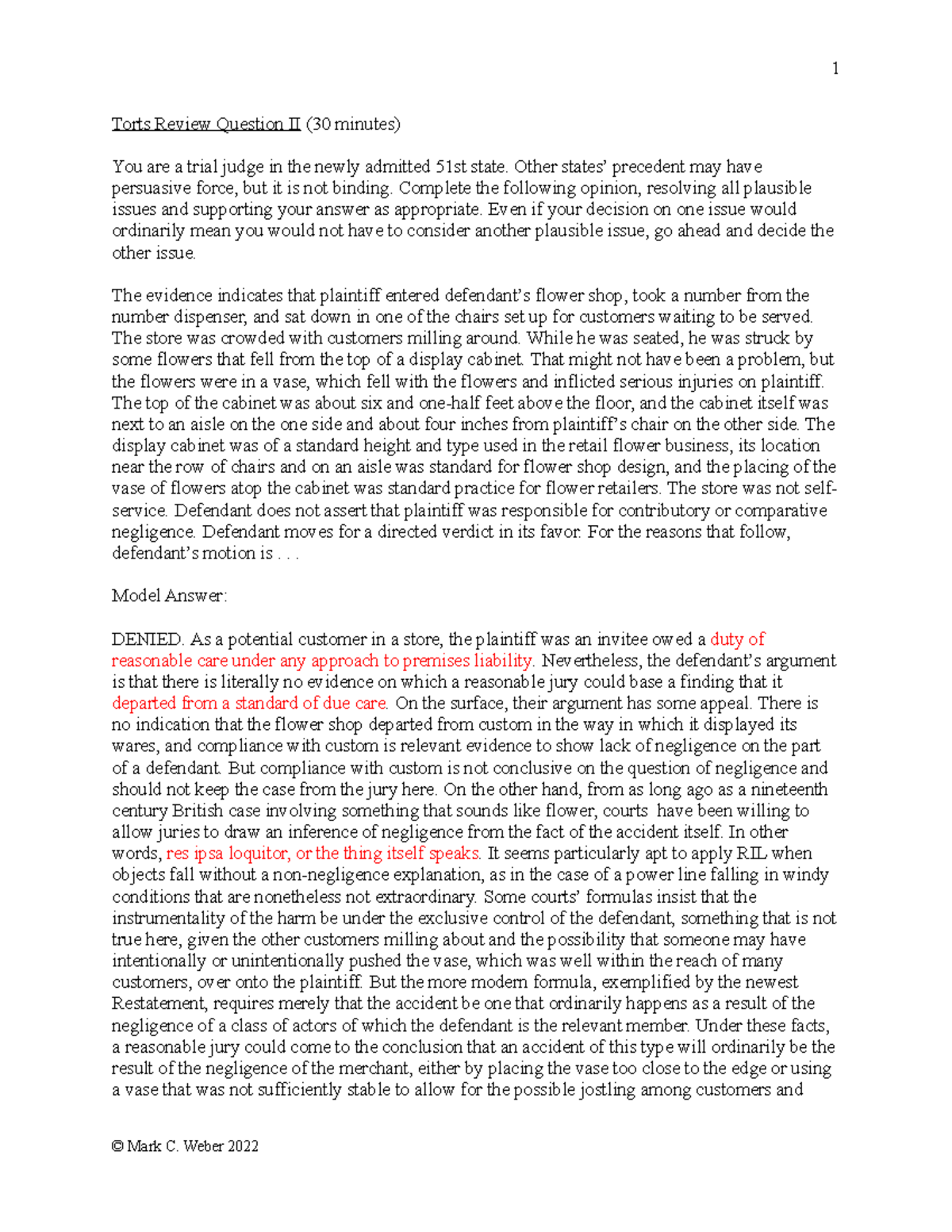Review Question II Model Answer - 1 Torts Review Question II (30 ...