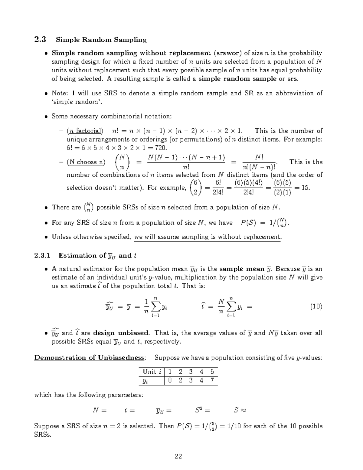Srswor - stat notes - 2 Simple Random Sampling • Simple random sampling ...